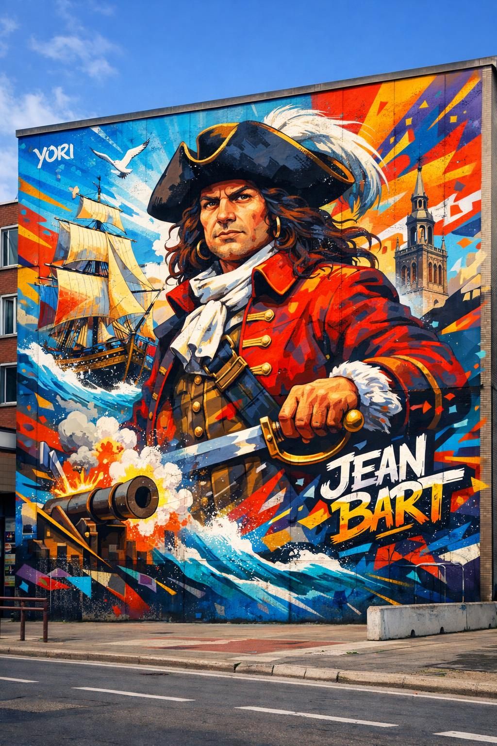 découvrez la fresque impressionnante de yori à dunkerque, représentant jean-bart en pleine compétition pour le renommé golden street art.