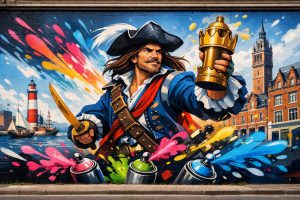 découvrez à dunkerque la fresque spectaculaire de yori représentant jean-bart en pleine compétition pour le prestigieux golden street art, un hommage vibrant à l'art urbain.