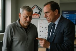 après la défaite de lille face au celta vigo, l'entraîneur genesio envisage de quitter son poste, mais le président létang s'y oppose fermement.