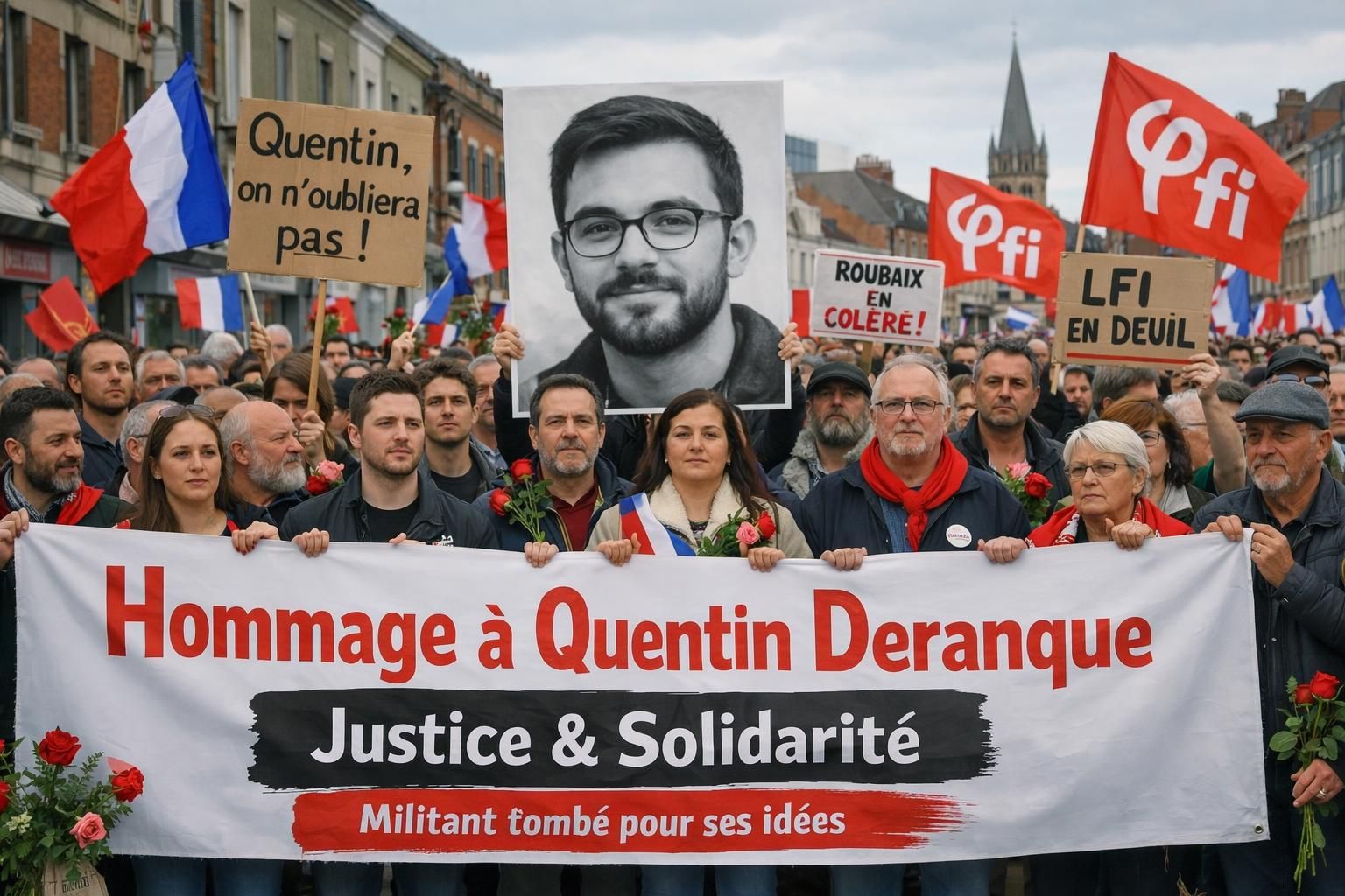à roubaix, des militants lfi s'expriment contre la récupération politique de la mort de quentin deranque, affirmant que personne ne peut s'en réjouir.