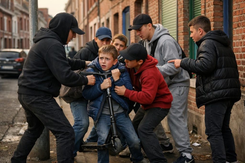 à roubaix, un groupe de jeunes âgés de 11 à 19 ans agresse un adolescent pour lui voler sa trottinette, suscitant l'inquiétude dans la communauté locale.