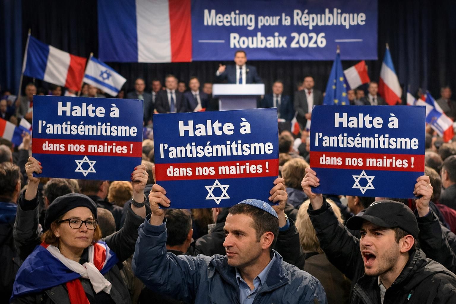 découvrez l'intervention percutante des militants de nous vivrons lors du meeting de guiraud à roubaix, appelant à mettre fin à l'antisémitisme dans nos mairies.