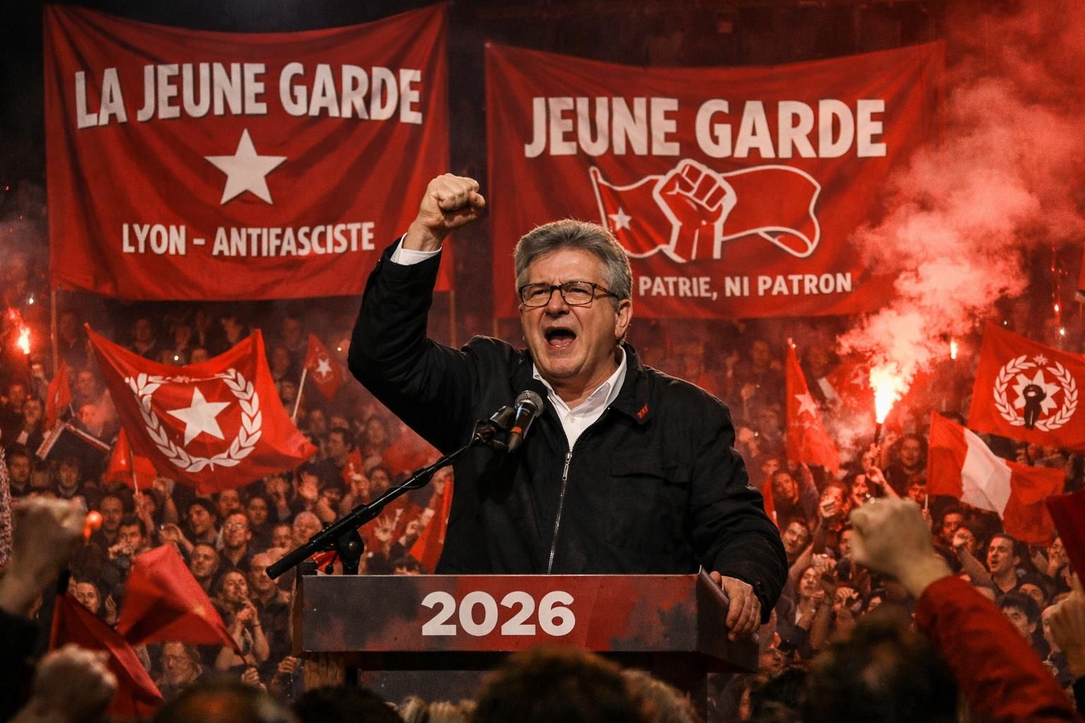 lors d’un meeting à lyon, jean-luc mélenchon célèbre la jeune garde et critique vivement la presse, à l’occasion des élections municipales.
