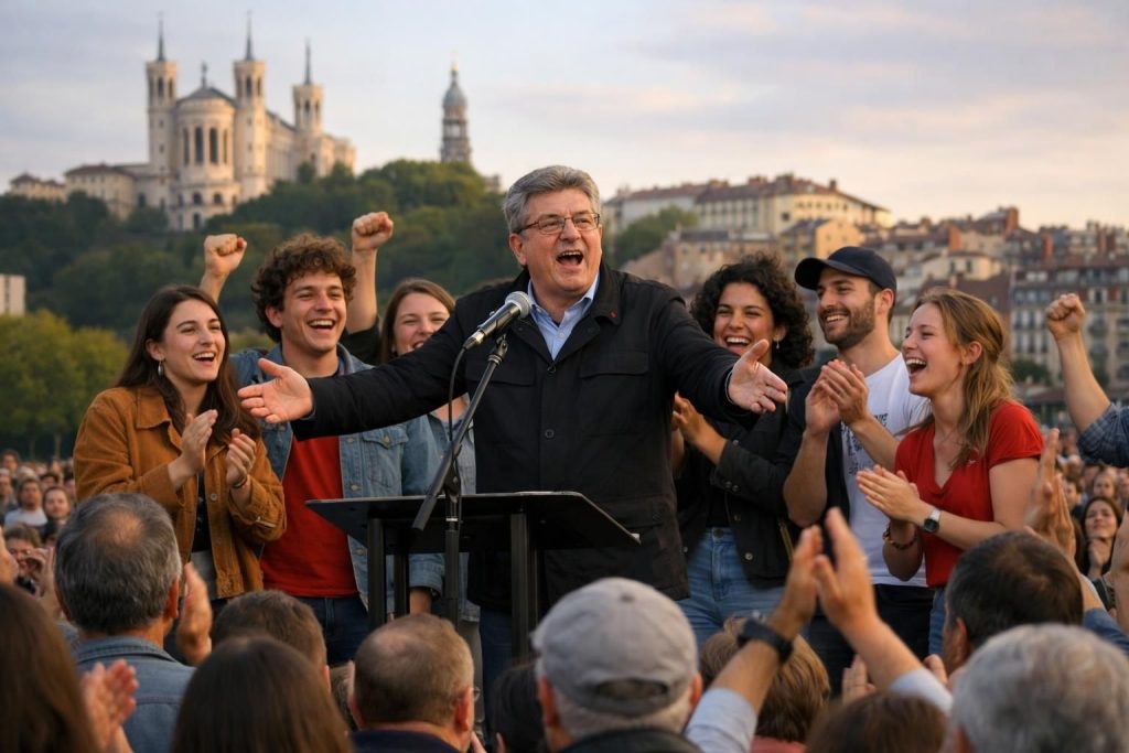 lors d’un meeting à lyon, mélenchon célèbre la jeune garde et critique vivement la presse à l’approche des élections municipales.