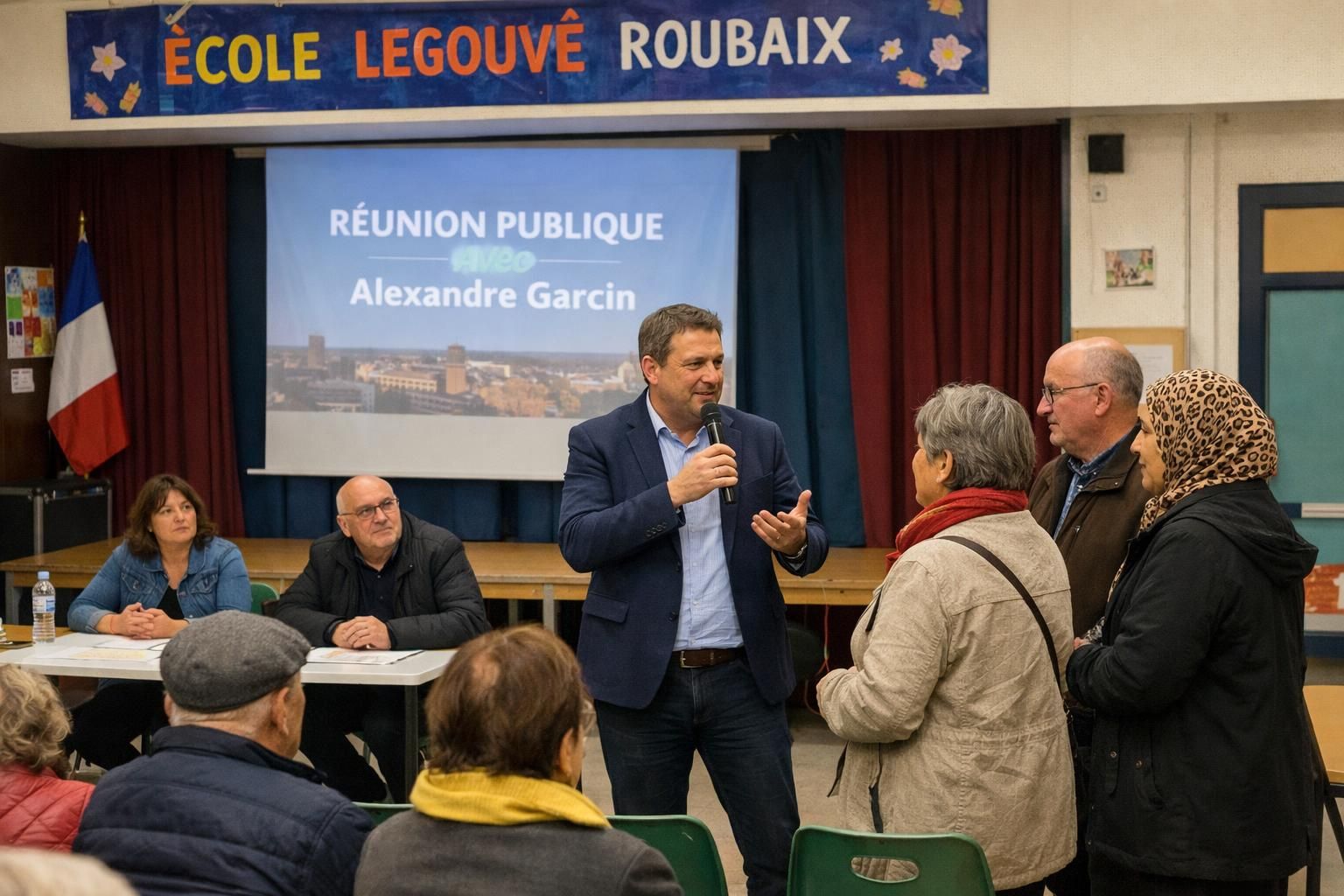 alexandre garcin, candidat divers droite aux municipales à roubaix, organise une réunion publique dans une école pour présenter son programme et échanger avec les habitants.