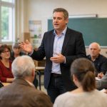alexandre garcin, candidat divers droite aux municipales à roubaix, organise une réunion publique dans une école pour présenter son programme et rencontrer les habitants.