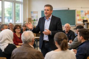 alexandre garcin, candidat divers droite aux municipales à roubaix, organise une réunion publique dans une école pour présenter son programme et rencontrer les habitants.