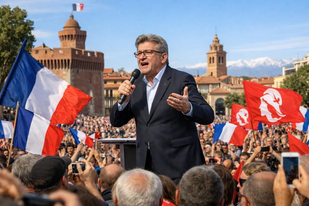 jean-luc mélenchon tient un meeting à perpignan en réponse aux critiques de jordan bardella, abordant les enjeux politiques actuels et mobilisant ses soutiens.