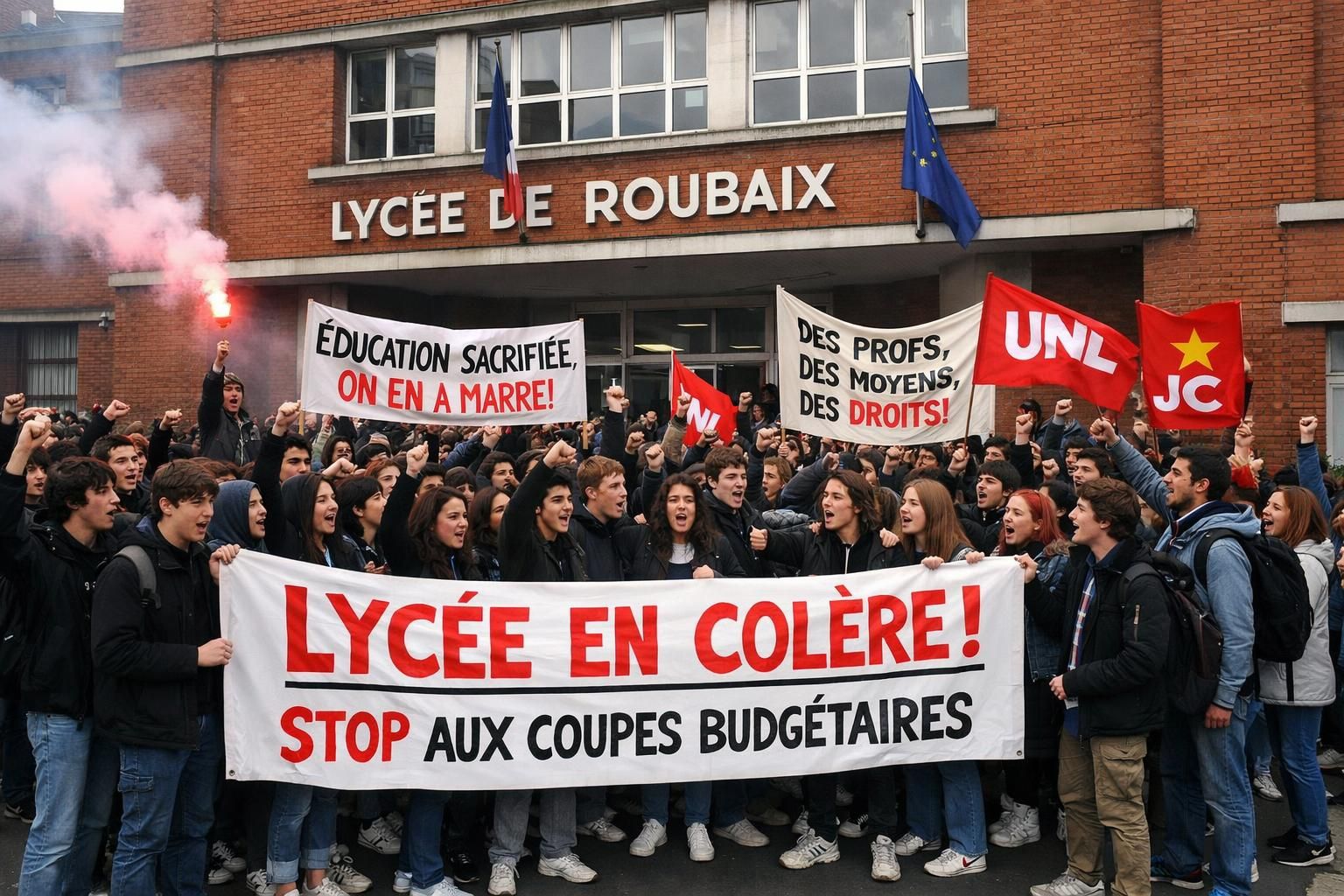 découvrez la mobilisation au lycée baudelaire de roubaix contre les coupes budgétaires, avec le slogan "pas de lycée sacrifié" pour défendre l'éducation et les conditions d'apprentissage.