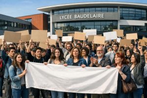 mobilisation au lycée baudelaire de roubaix pour défendre tous les élèves face aux coupes budgétaires, refusant que le lycée soit sacrifié.
