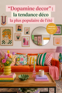 Intérieur en style dopamine avec des couleurs vives et des motifs modernes qui évoquent la joie.