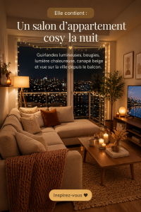 Salon cosy décoré avec des lumières féériques et un canapé beige offrant une vue sur la ville.