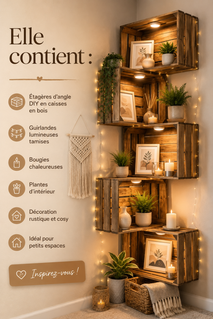 Étagères en bois DIY décorées avec des plantes et des lumières dans un coin cosy