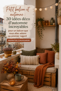 Petit balcon décoré pour l'automne avec des coussins et des plantes