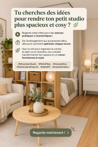 Un petit studio bien aménagé avec des éléments déco cosy et fonctionnels.