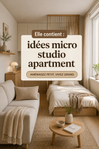 Un micro-studio bien aménagé avec des meubles multifonctionnels et une décoration moderne.