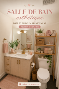 Salle de bain décorée avec des tons rose et beige, créant une ambiance apaisante.