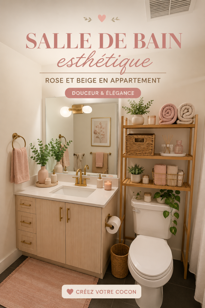 Salle de bain décorée avec des tons rose et beige, créant une ambiance apaisante.