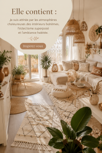 Un salon avec un décor bohème cosy mêlant textiles et meubles éclectiques.