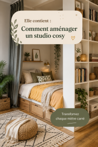 Un studio chic et cosy aménagé avec des couleurs chaudes et des meubles confortables.
