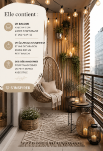 Balcon cozy avec plantes et éclairage tamisé