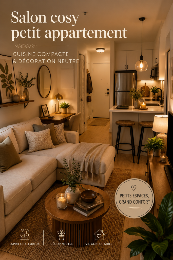 Salon cozy dans un petit appartement avec canapé beige et éclairage chaleureux.