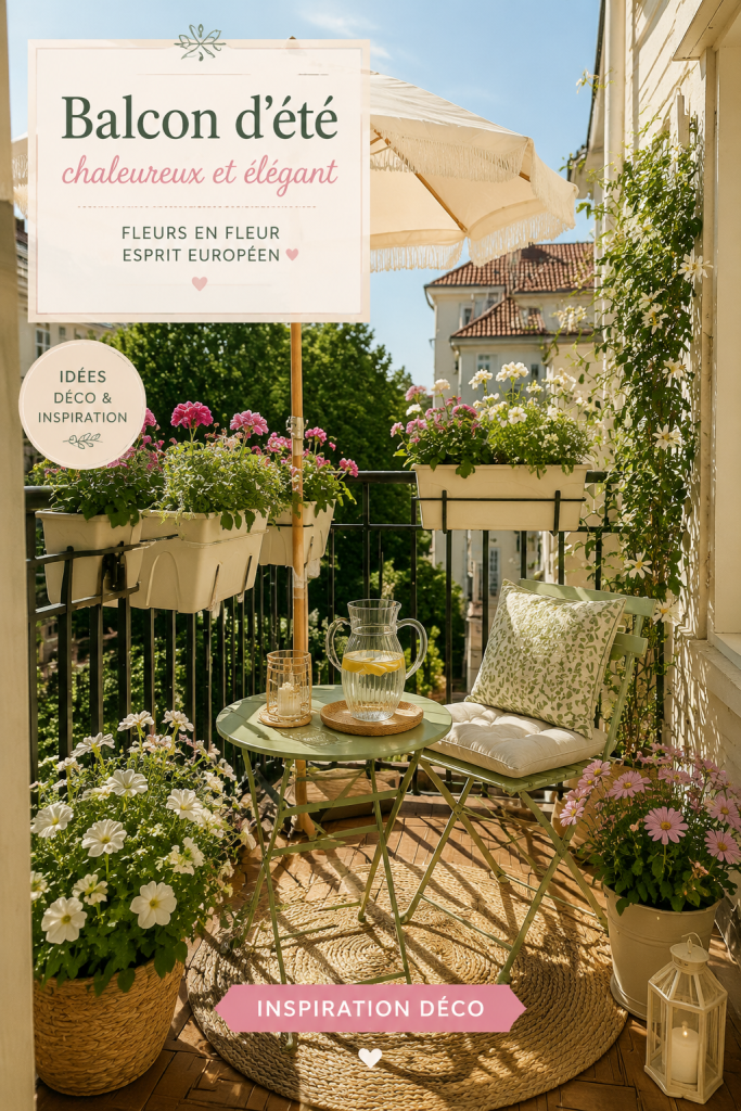 Balcon d'été cocooning avec des fleurs en pleine floraison et détails élégants