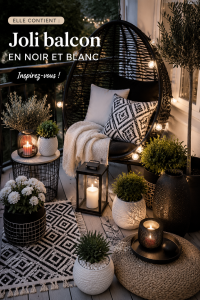 Un balcon aménagé en noir et blanc, avec des meubles modernes et élégants.