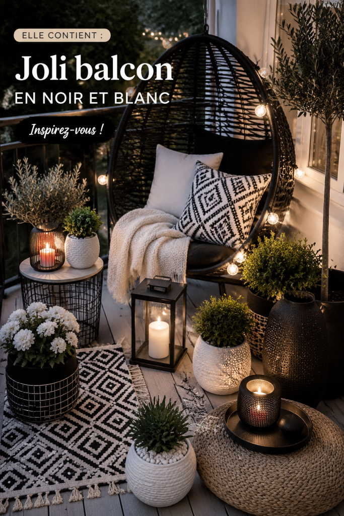 Un balcon aménagé en noir et blanc, avec des meubles modernes et élégants.