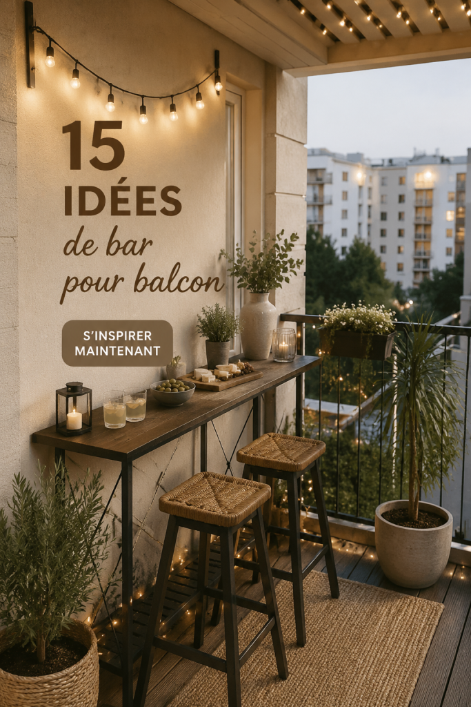 Un balcon d'appartement aménagé avec un bar et des chaises confortables, décoré de plantes.