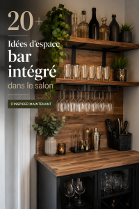 Bar intégré dans un salon moderne, équipé de tabourets et de bouteilles