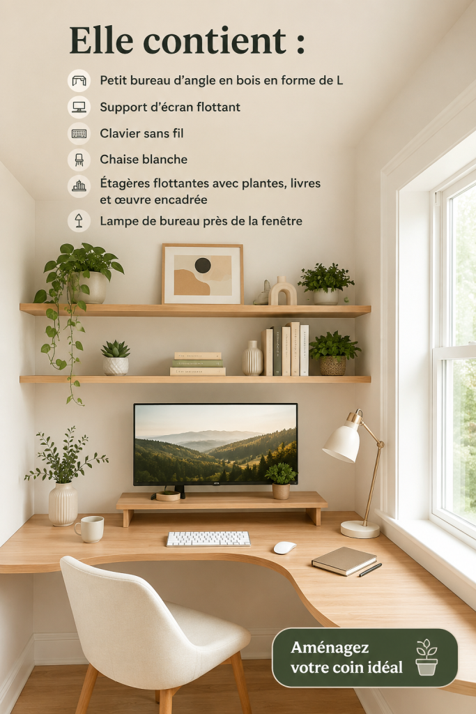 Bureau L en bois aménagé dans un coin lumineux avec étagères flottantes et plantes.