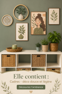 Cadres de différentes tailles et styles décoratifs sur un mur, apportant une ambiance douce et légère à la pièce.