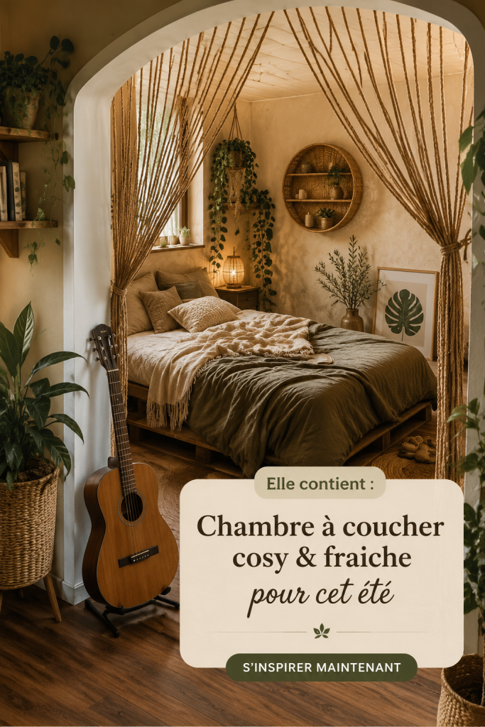 Chambre à coucher estivale avec des couleurs apaisantes et des textiles légers