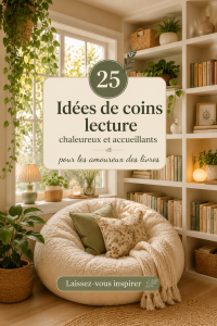 Un élégant coin lecture chaleureux avec un fauteuil confortable et une bibliothèque remplie de livres.