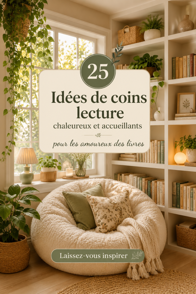 Un élégant coin lecture chaleureux avec un fauteuil confortable et une bibliothèque remplie de livres.