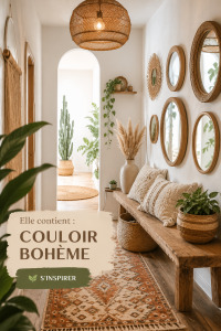 Un couloir aménagé dans un style boho chic, avec des éléments décoratifs colorés et chaleureux.
