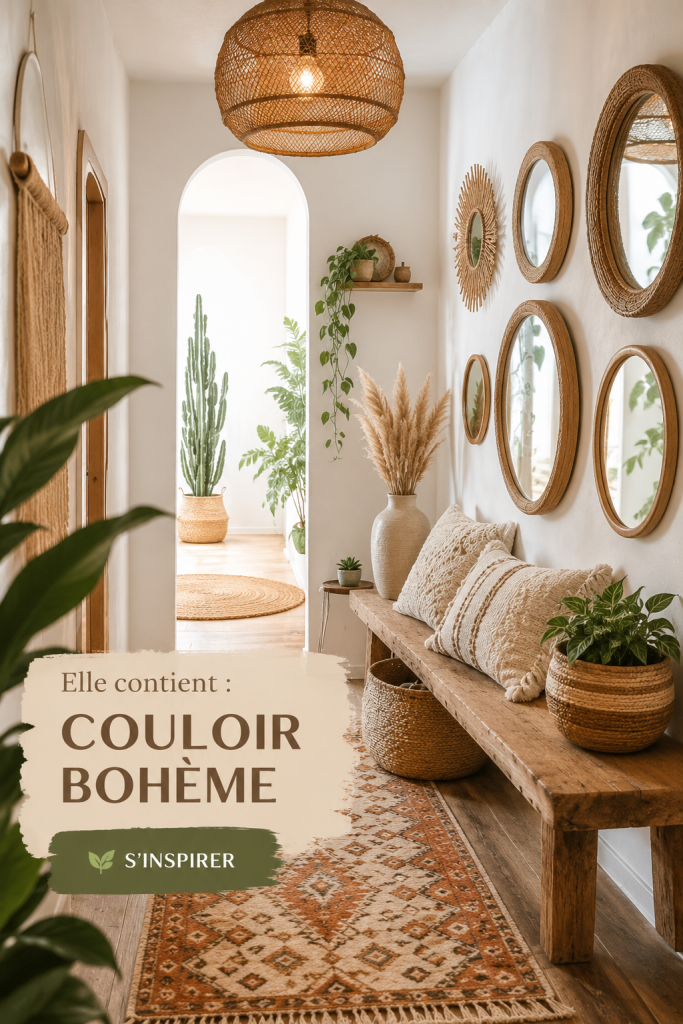 Un couloir aménagé dans un style boho chic, avec des éléments décoratifs colorés et chaleureux.