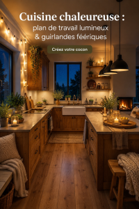Cuisine cocooning avec lumières douces et décor chaleureux