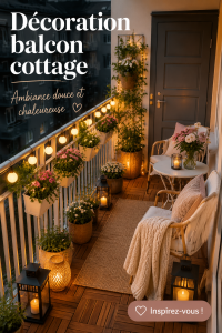 Un balcon décoré dans un style cottage chaleureux avec des coussins colorés et des plantes.