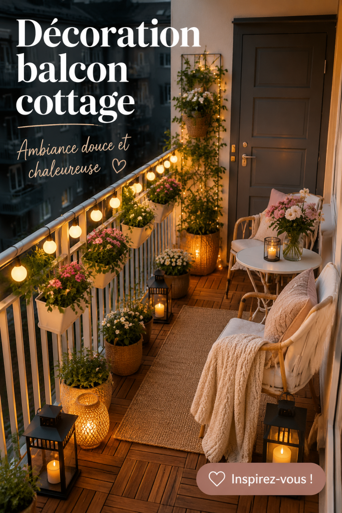 Un balcon décoré dans un style cottage chaleureux avec des coussins colorés et des plantes.