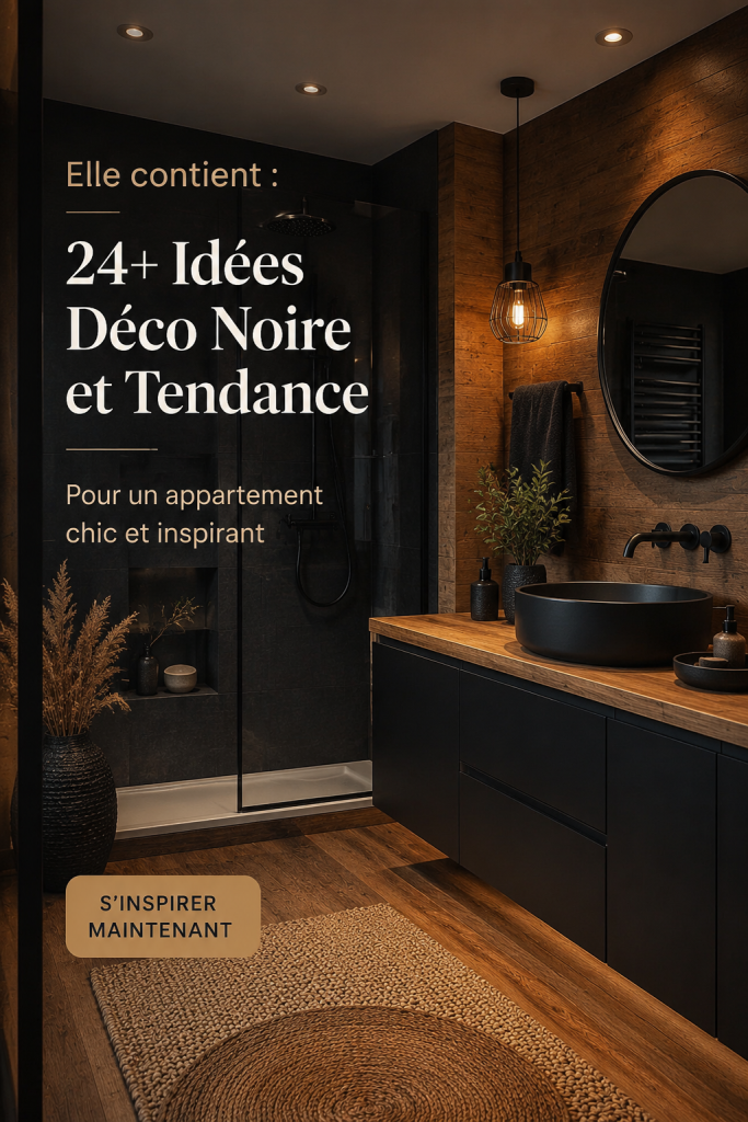 Un appartement décoré en noir avec des éléments modernes et élégants.