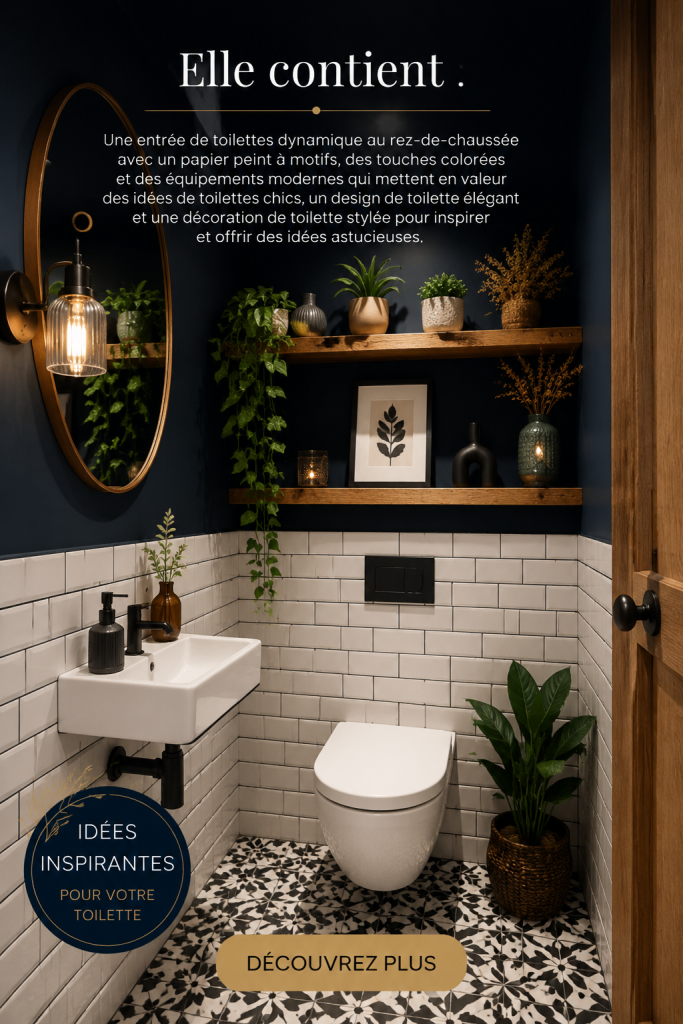 Un WC moderne décoré avec un papier peint coloré et des accents contemporains