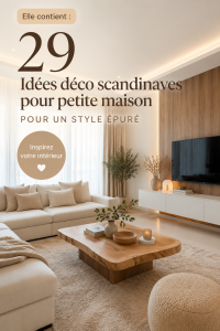 Un salon avec décoration scandinave alliant mobilier en bois clair et couleurs neutres.