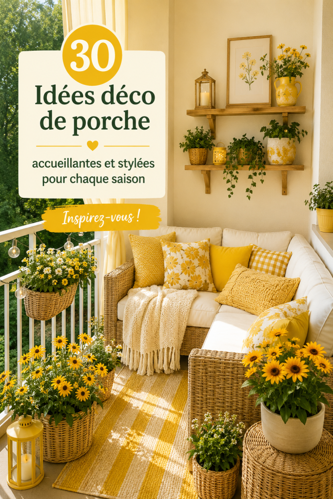 Une décoration de porche accueillante avec des fleurs et des chaises confortables
