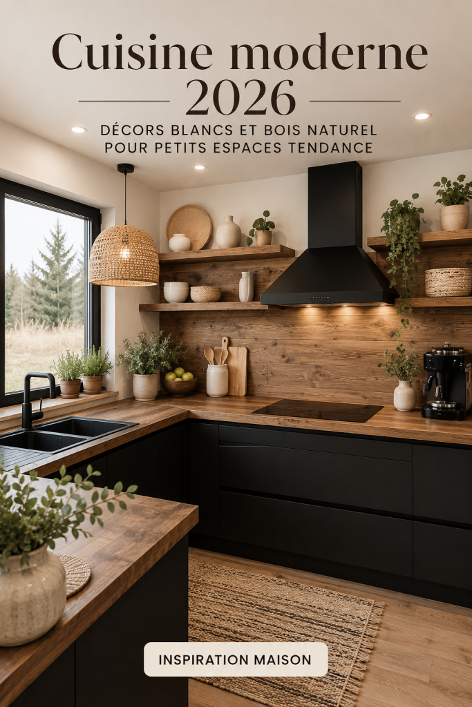 Cuisine moderne de 2026 avec bois naturel et blanc lumineux.