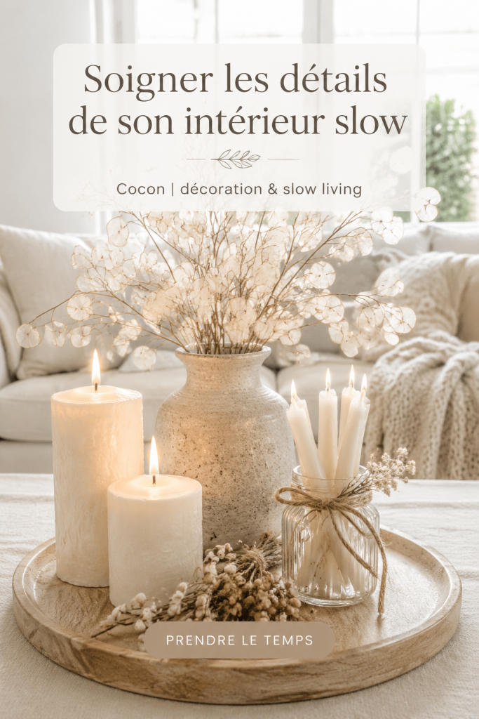 Intérieur calme et apaisant, met en valeur des détails de décoration douce et soignée.