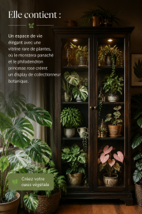 Un salon élégant avec une collection de plantes rares, incluant un monstera variegata et un philodendron princesse rose.