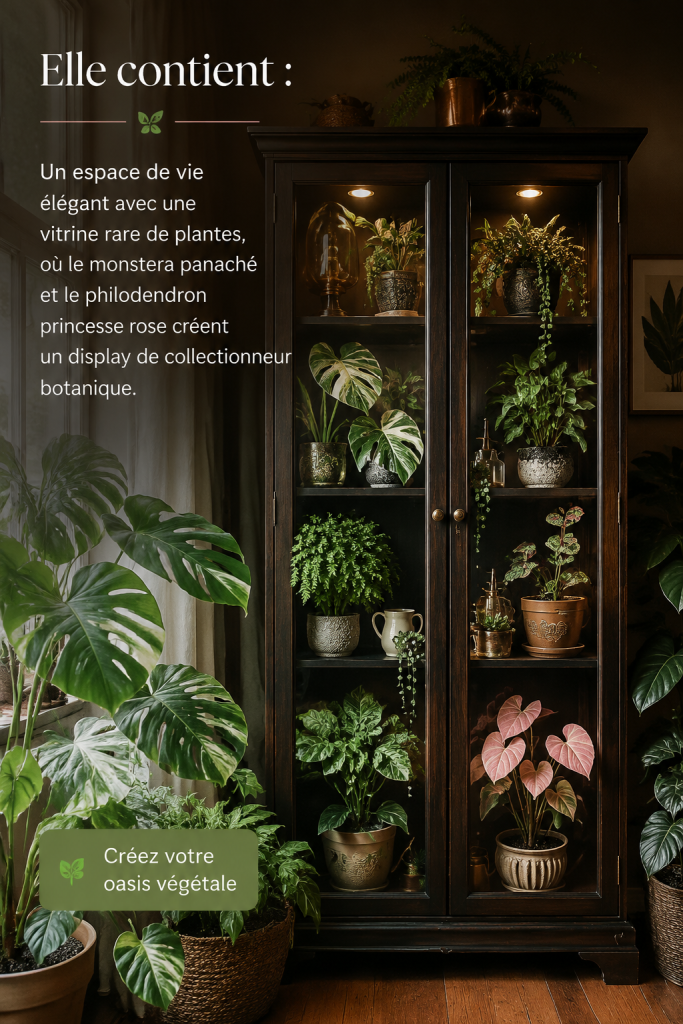 Un salon élégant avec une collection de plantes rares, incluant un monstera variegata et un philodendron princesse rose.