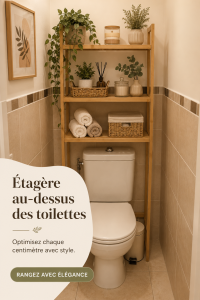 Une étagère décorative au-dessus des toilettes dans une salle de bain moderne.